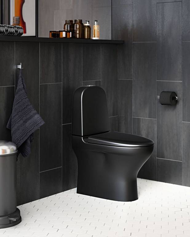 Toilet Estetic 8300 -  hidden S/P-trap, Hygienic Flush - A matt colour that matches other matt black products
Hygienic Flush: open flush rim for easier cleaning
Ceramicplus: quick & eco-friendly cleaning