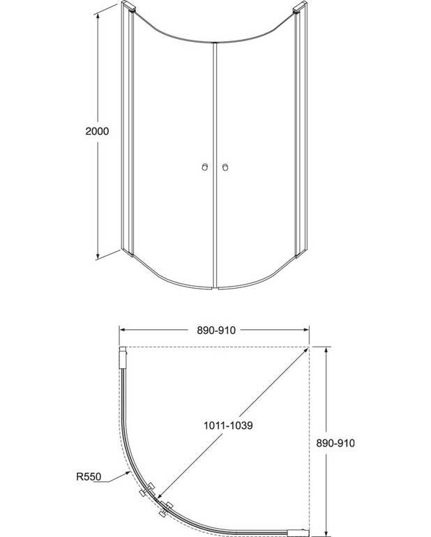 Round brusedør til hjørnemontering - Tilpassede dørprofiler for hurtig og simpel montering
Vendbar højre/venstre-montering af dør
Blankpolerede profiler og dørgreb