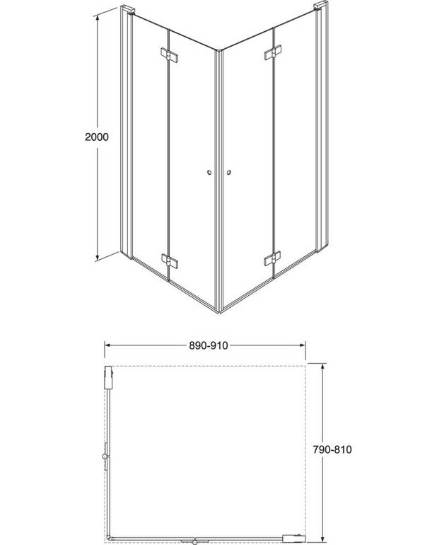 „Square“ sulankstomų dušo durų kampinis komplektas - Sulankstomos durys, užima mažiau vietos
Galima naudoti net ankštose erdvėse, kur sulankstymo funkcija išsprendžia problemą
Kampinė konfigūracija nurodyta kaip „kairė“ x „dešinė“, žiūrint stovint prieš dušą