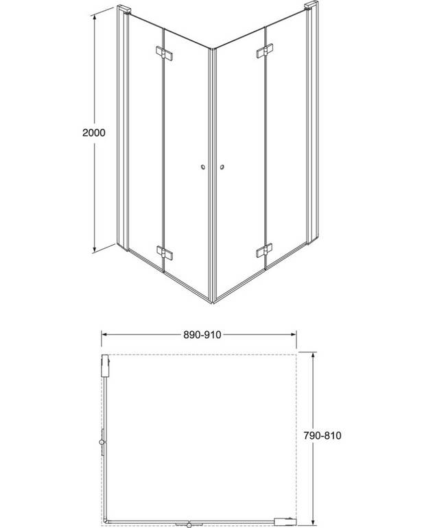 Square Foldable shower door corner set - Foldable door, takes up less space
Can be used even in tight spaces where the folding function solves the problem
Corner configuration specified as 