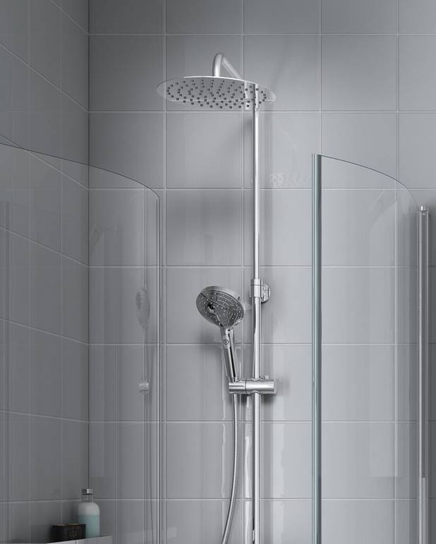 Shower column Round - Super slim head shower with generous water flow
3-functional hand shower with a pushbutton
Telescopically adjustable height of the shower bar