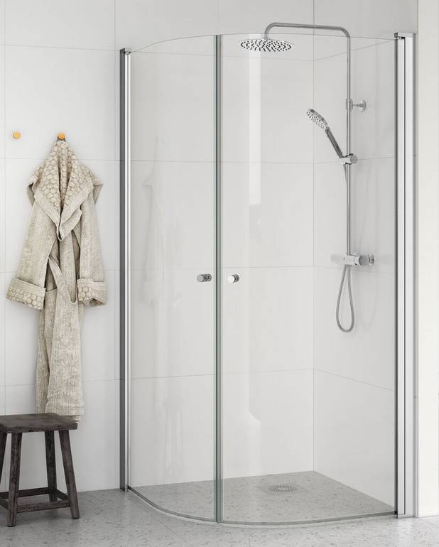 Sett med runde dusjdører - Forhåndsmonterte dørprofiler for rask og enkel installasjon
Vendbar dører for høyre- eller venstrevendt installasjon
Polerte profiler og dørhåndtak