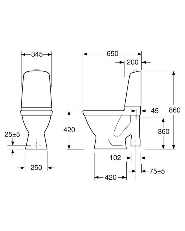 Toilet Nautic 5591 - exposed S-trap, large footprint - Easy-to-clean and minimalist design
Full coverage condensation-free flush tank
Large footprint: covers marks left by old toilet