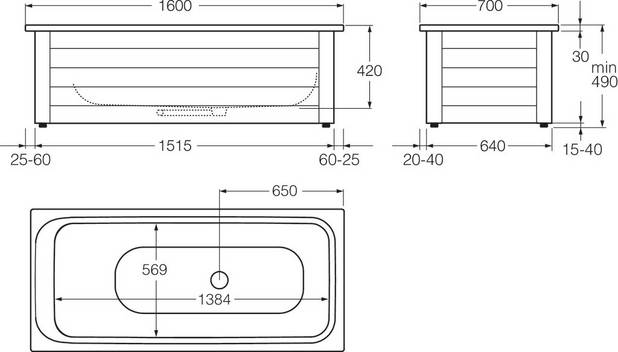 Badekarfront 7416 – 1600x700 - Helfrontens nederste del kan skydes op for at gøre rengøringen nemmere
Fødderne kan justeres 25 mm i højden
Plads til rørføring