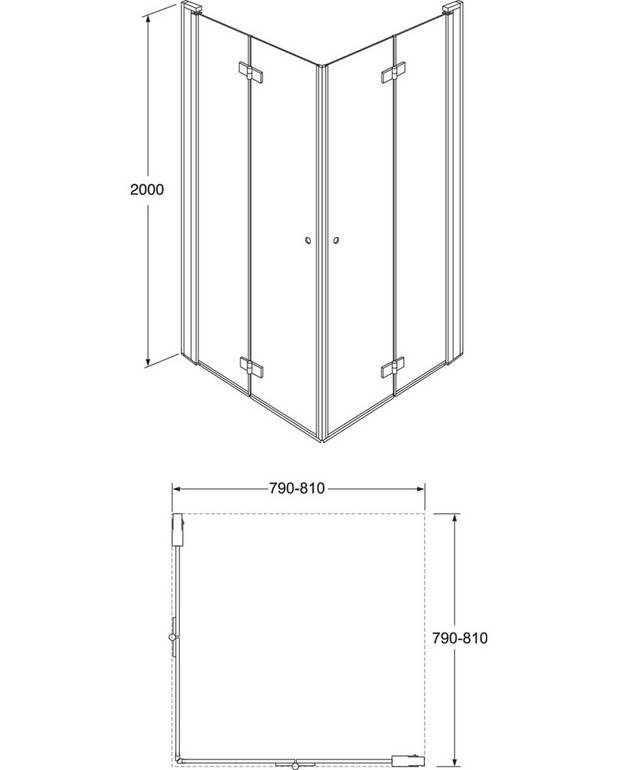 Square Foldable shower door corner set - Foldable door, takes up less space
Can be used even in tight spaces where the folding function solves the problem
Corner configuration specified as 