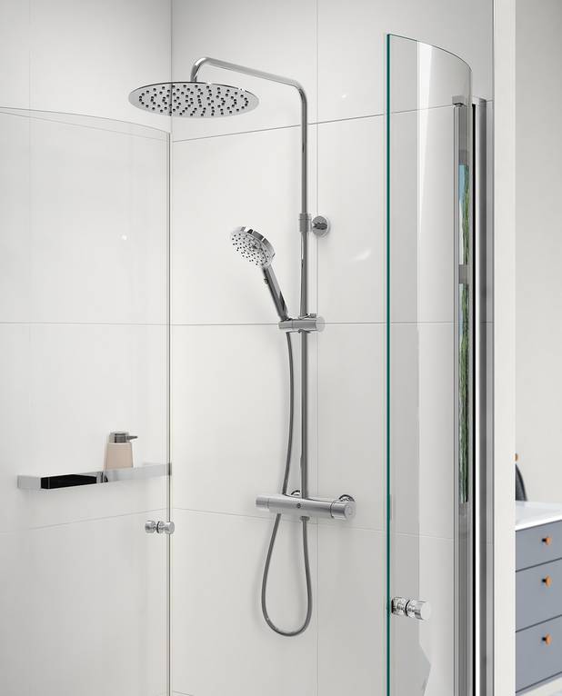 Shower column Atlantic Round - Water and energysaving; flow handshower 7,5 l/min, head shower 12 l/min
Super slim round head shower Ø250 mm
Can be combined with Gustavsberg bathtub spout