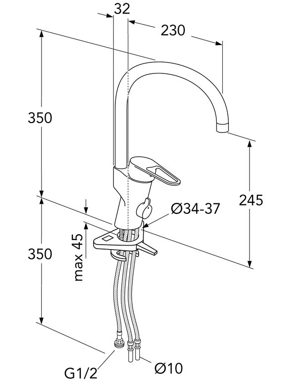 Uusi Nautic -keittiöhana - korkea juoksuputki - Mittapiirros - Gustavsberg_Kitchen_mixer_Nautic_high_D-spout_DW.jpg