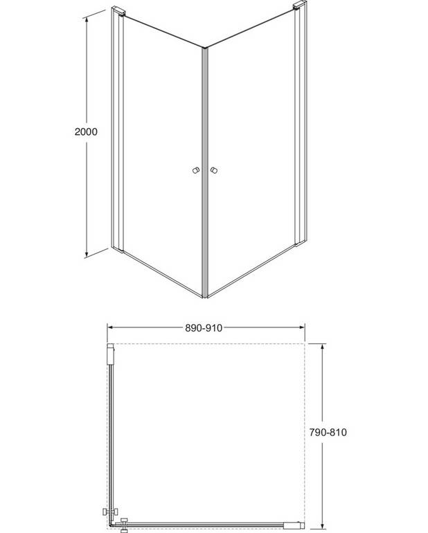 Square shower door set - Pre-fitted door profiles for quick and simple installation
Doors reversible for right/left-hand installation
Polished profiles and door handles