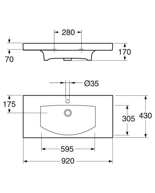 Håndvask Logic 5171 - til bolt-/konsolmontering 92 cm - Et fladere design for mere plads i badeværelset
Til montering med bolte eller konsol
Kan også monteres på Logic møbler