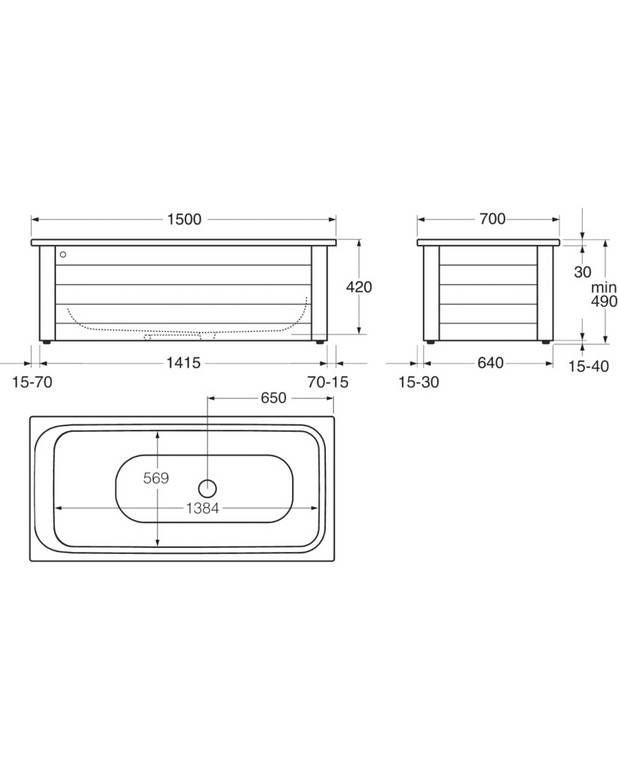 Badkar Kombi 1504 - 1500x700 - Tillverkad av titanstål och emalj, en extremt hållbar kombination
Med optimalt utrymme för att stå och duscha
Hygienisk och hård yta där varken bakterier eller smuts får fäste