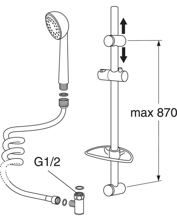 Shower set Care - spiral hose - Drainage valve empties the water to minimise risk of legionella
Wall holder with adjustable c-c measurement
Attached with screws or glue