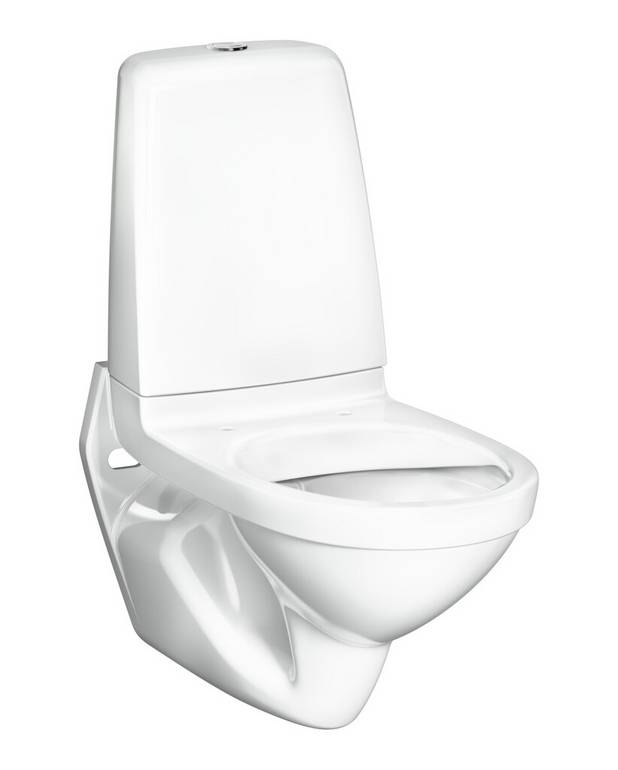 Væghængt Public-toilet 6622 - med cisterne, Hygienic Flush - Holdbar trykknap i rustfrit stål, som er velegnet til offentlige områder
Åben skyllekant for forenklet rengøring
Ceramicplus for hurtig og miljøvenlig rengøring