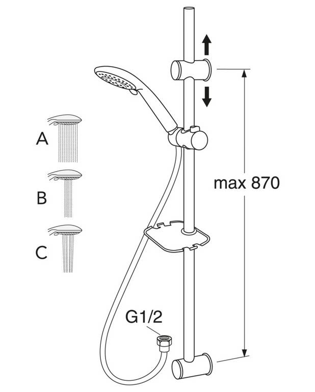 Shower set - 3-function hand shower
Smart shelf with practical hooks
Attached with screws or glue