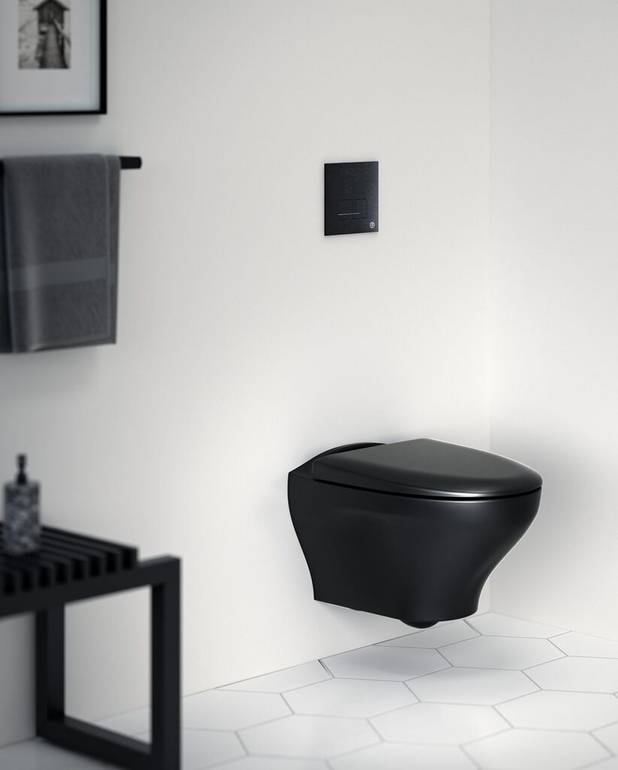 Wall hung toilet Estetic 8330 - Hygienic Flush - A matt color that matches other matt black products
Hygienic Flush: open flush rim for easier cleaning
Suprafix: concealed wall fixture for neater installation and simpler cleaning