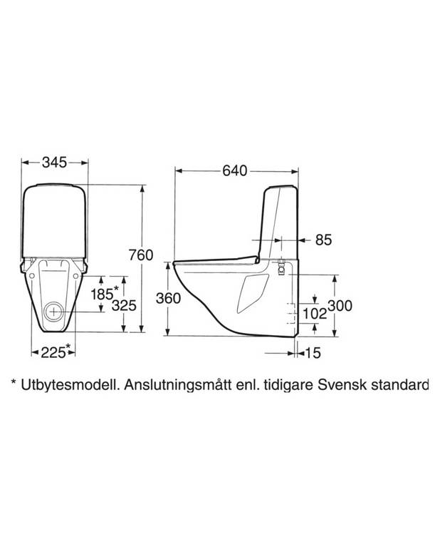 Prie sienos tvirtinamas 339 ROT unitazas su bakeliu - Tinka senesniems standartiniams matmenims 
225 mm atstumas tarp varžtu centru