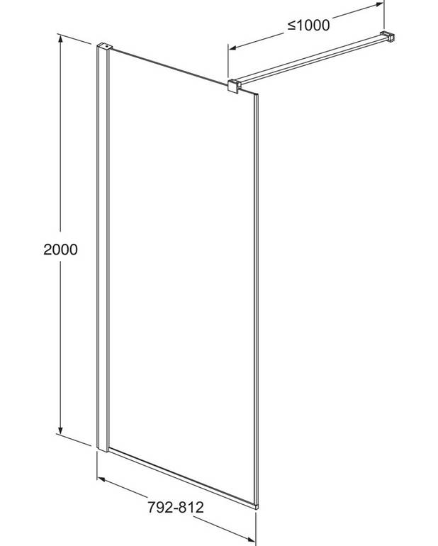 Firkantet dusjvegg - Fastvegg, kan kombineres med firkantet dusjdør
Vendbar for høyre- eller venstrevendt installasjon
Polerte profiler og veggavstivning