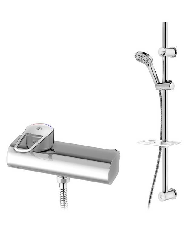Shower mixer New Nautic 2.1 - Singel lever - Grip-friendly lever with clear color marking for hot and cold water
Soft move, ceramic package with smooth and precise operation
Eco-stop, adjustable maximum flow limitation