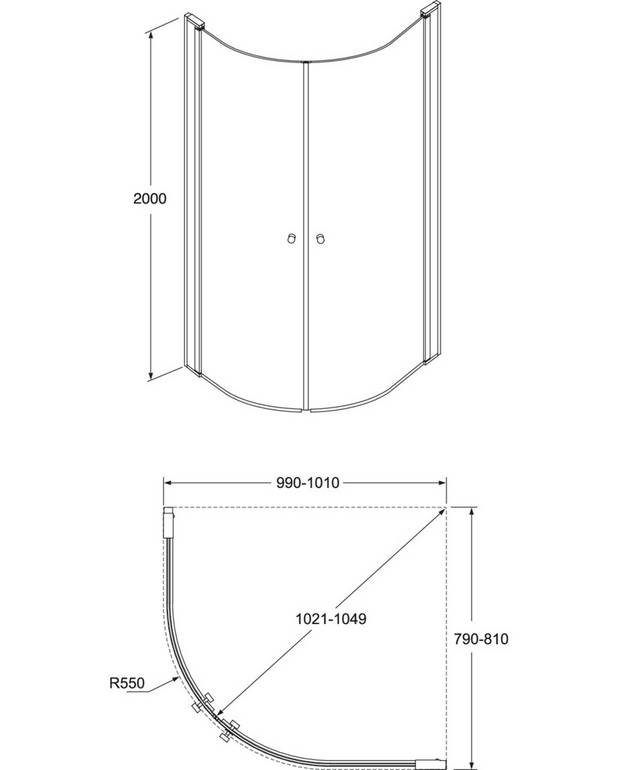 Round brusedøre til hjørnemontering - Tilpassede dørprofiler for hurtig og simpel montering
Vendbar højre/venstre-montering af dør
Blankpolerede profiler og dørgreb