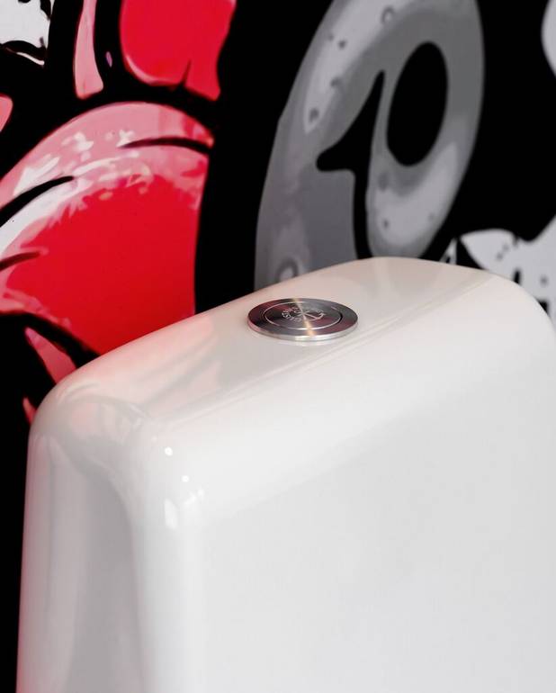 Væghængt Public-toilet 6622 - med cisterne, Hygienic Flush - Holdbar trykknap i rustfrit stål, som er velegnet til offentlige områder
Åben skyllekant for forenklet rengøring
Ceramicplus for hurtig og miljøvenlig rengøring