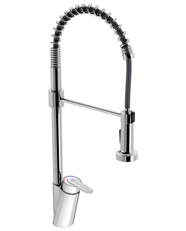 Kitchen mixer Nordic Plus - spiraflex - Design that makes cleaning of larger pots and buckets easier
Two different flush modes (normal or spray)
Lever with clear color marking for hot and cold water