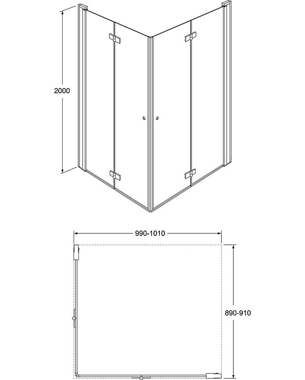 Square taittuva suihkuovisetti kulmaan - Mittapiirros - Square_folding_door_90x100_web.jpg