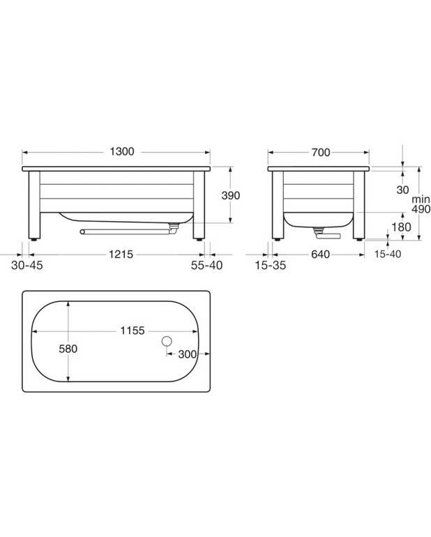 Bathtub front panel 6413 – 1300 x 700 - Supplied with one end panel and one front panel
Feet adjustable 25 mm in height
Space for pipework