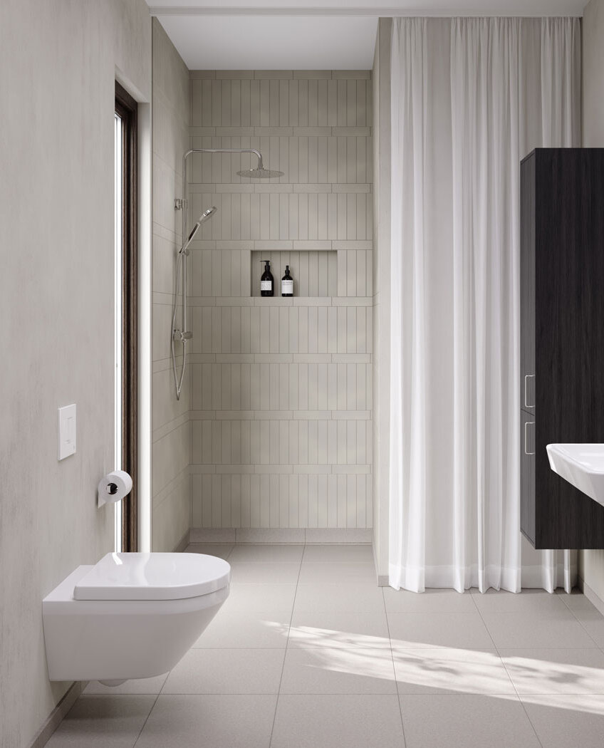 Balta pakabinama sieninė WC moderniam smėlio spalvos vonios kambariui