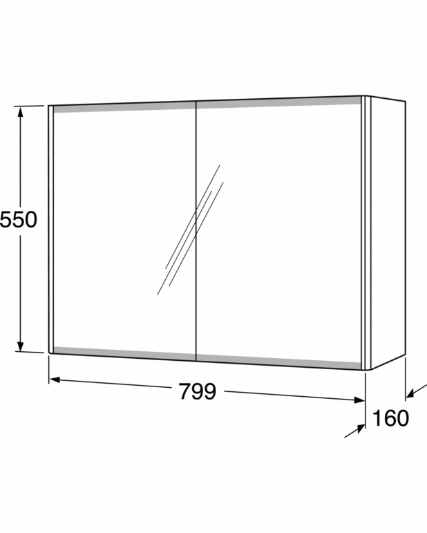 Peegelkapp Graphic - 80 cm - Peeglid ka uste siseküljel
Peegli alaservad mati viimistlusega näpujälgede vältimiseks
Uksed Soft Close funktsiooniga pehmeks sulgumiseks