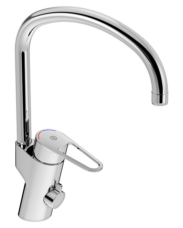 Köksblandare Nya Nautic - hög pip - Greppvänlig spak med tydlig färgmarkering för ​varm- och kallvatten
Patenterad snabbmonteringsmutter för enkelt montage
Svängbar utloppspip 110° (spärr för 0° och 60° ingår)