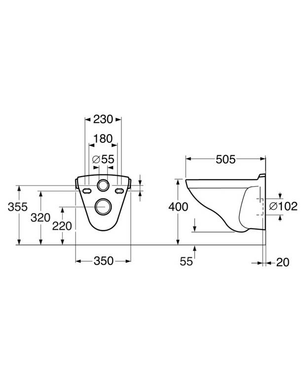 Væghængt toilet Logic 5693 - Passer til vores Triomont fiksturer
Ceramicplus: hurtig og miljøvenlig rengøring
Fleksibel boltafstand c-c 180/230 mm