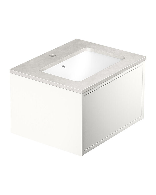 Ducentic servantskap, 60 cm, hvitt - Utviklet i forbindelse med Gustavsbergs 200-årsjubileum, og feirer arven med håndverk og design
Romslig skuffinnredning uten behov for utskjæring til vannlås, noe som skaper mer plass til oppbevaring
Skuff med «Soft Close» og fullt uttrekk som gir deg god innsikt i hva som er i skuffen