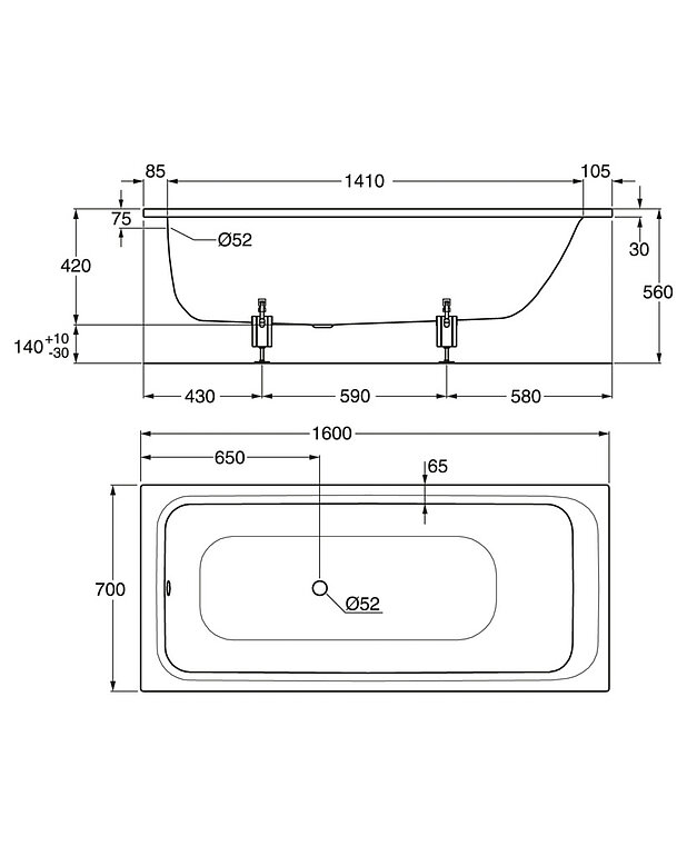 Upotettava amme 3410 - 1600x700 mm - Mittapiirros - 3410.jpg