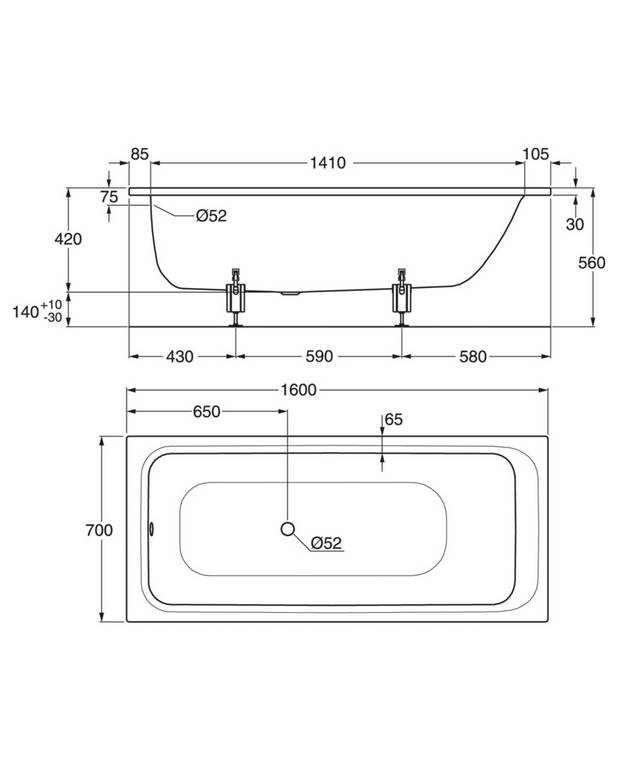 Built in bath Combi - 1600x700 - Round head end for back and large shower space at foot end
Made from premium quality titanium alloy steel
Compatible with foot set and overflow system