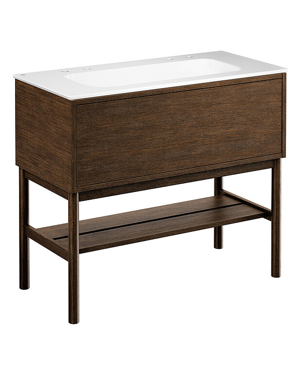 Ducentic Vanity 100cm, Brown oak - Created for the 200 year anniversary of Gustavsberg, celebrating the heritage of caftsmanship and design
Spacious drawer interior without the need for a cut-out for the water trap, creating more space for storage
Soft-closing drawer with full extension provide a complete overview of all things