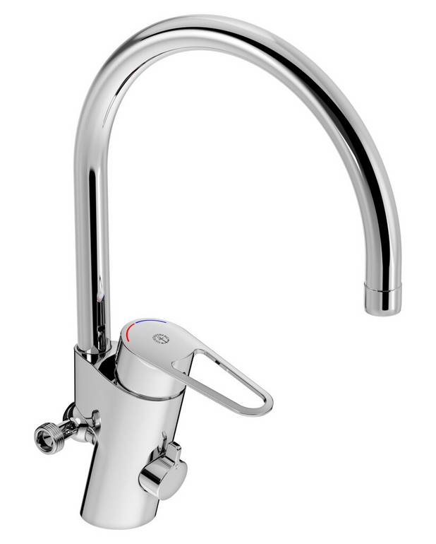 Kitchen mixer New Nautic - high Spout - Energy Class B
Cold-start, only cold water when the lever is in straight forward position 
Soft move, technology for smooth and precise handling