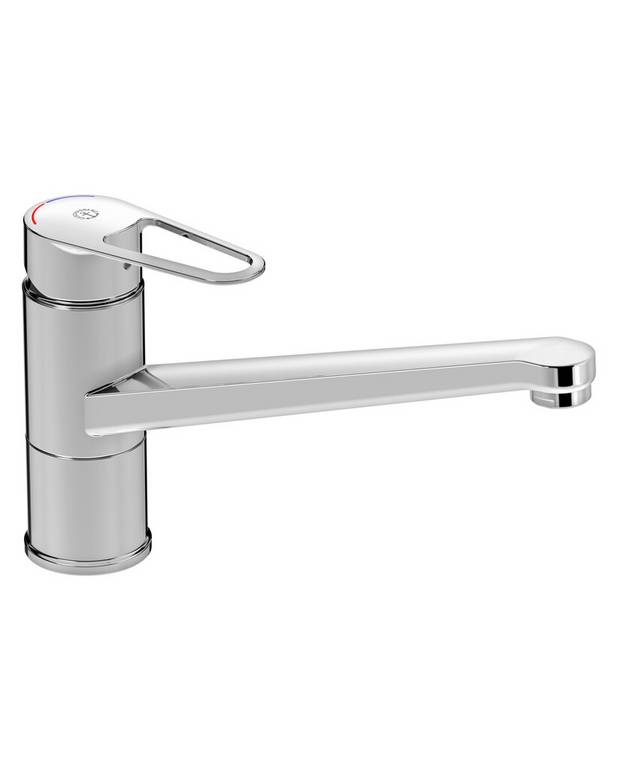 Kitchen mixer New Nautic - low Spout - Easy grip lever with clear colour marking for hot and cold
Soft move, technology for smooth and precise handling
Pivoting spout 110° (0° and 80° block included)