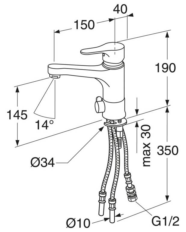 Bathroom sink faucet Nautic - 150 mm spout - Energy class A, saves water and energy 
Eco-start, 17°C when lever straight forward
Adjustable comfort flow and comfort temperature