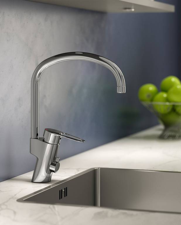 Kitchen mixer New Nautic - high Spout - Easy grip lever with clear colour marking for hot and cold
Soft move, technology for smooth and precise handling
Pivoting spout 110° (0° and 60° block included)