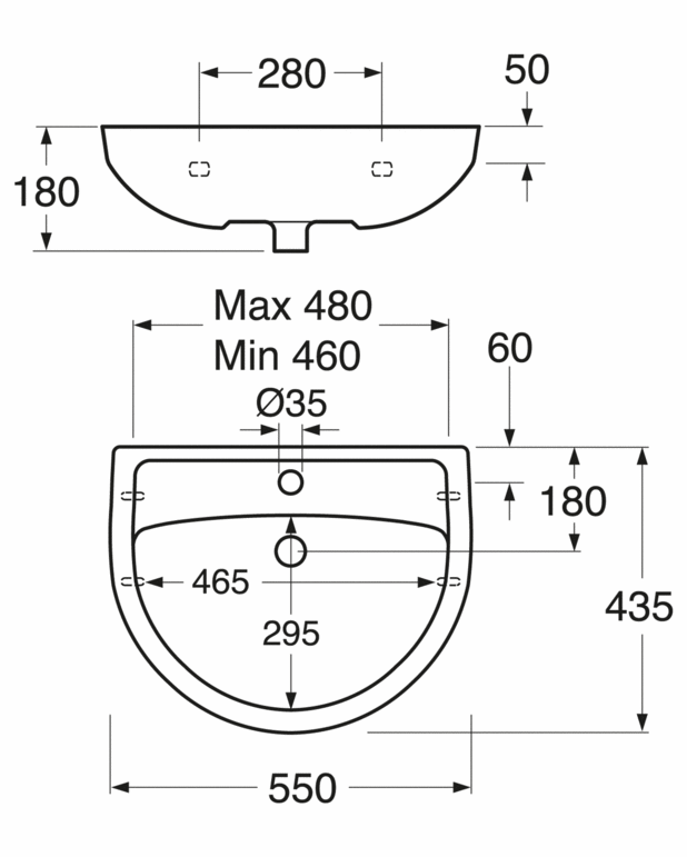Håndvask Nordic3 410055 - til montering med bolte eller konsol 55 cm - Funktionelt design med skandinaviske standardmål
Til montering med bolte eller konsol