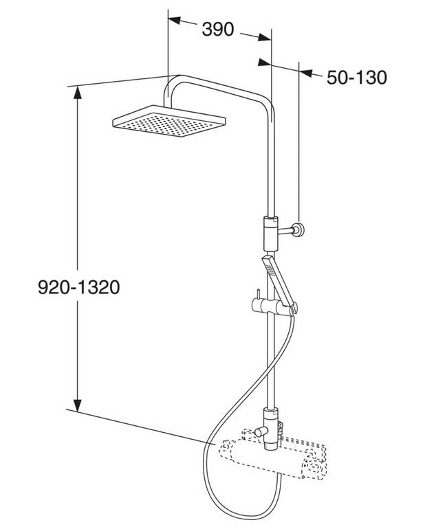 Dušas komplekts G1 - Kvadrātiska dizaina dušas komplekts
Teleskopisks, ar regulējamu augstumu
Fiksēta griestu duša ar bīdāmu rokas dušas sistēmu
