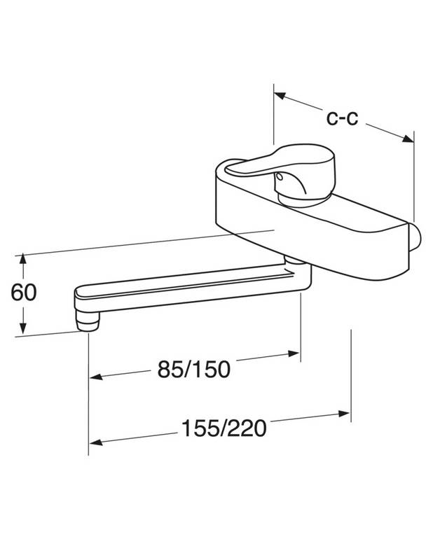 Bathroom sink faucet Nautic - wall mounted - Energy class B, saves energy and water 
Adjustable comfort flow and comfort temperature
Plugged connections for extra water outlets