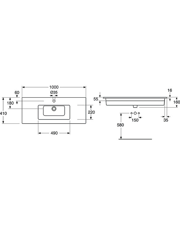 Bathroom sink for vanity unit Graphic - 100 cm - Shallow depth for more space in the bathroomFor mounting on Graphic furniture
Made from hygienic, durable and densely sintered sanitary ware