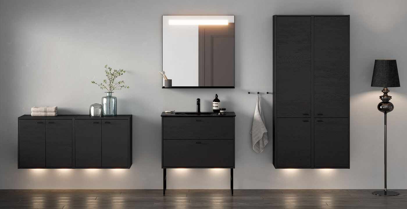 Bathroom furniture Arctic series in black - bathroom vanity, wall-mounted cabinet, black washbasin and washbasin mixer and a square mirror.