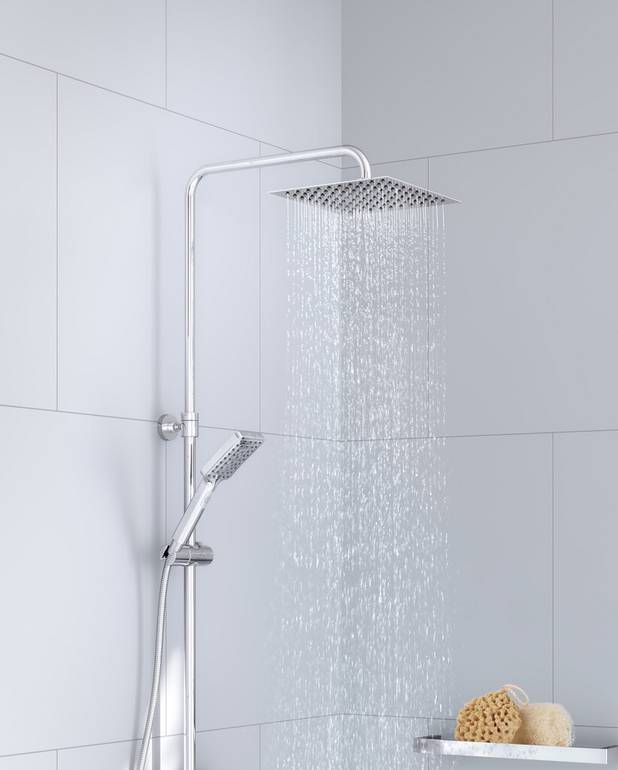 Shower column Square - Super slim head shower with generous water flow
3-functional hand shower with a pushbutton
Telescopically adjustable height of the shower bar