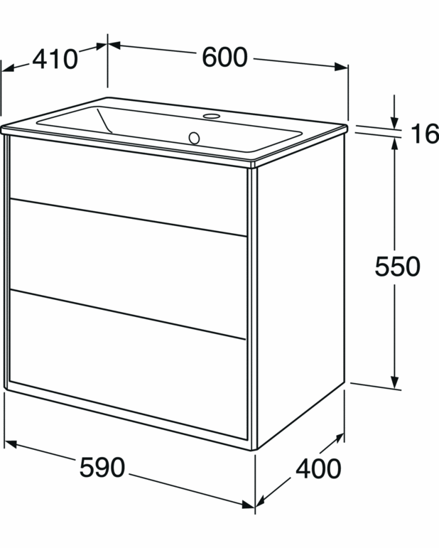 Bathroom cabinet, Graphic – 60 cm - With full-surface porcelain washbasin
Drop-down ‘secret compartment’ for storing small items
Space to install an electrical socket