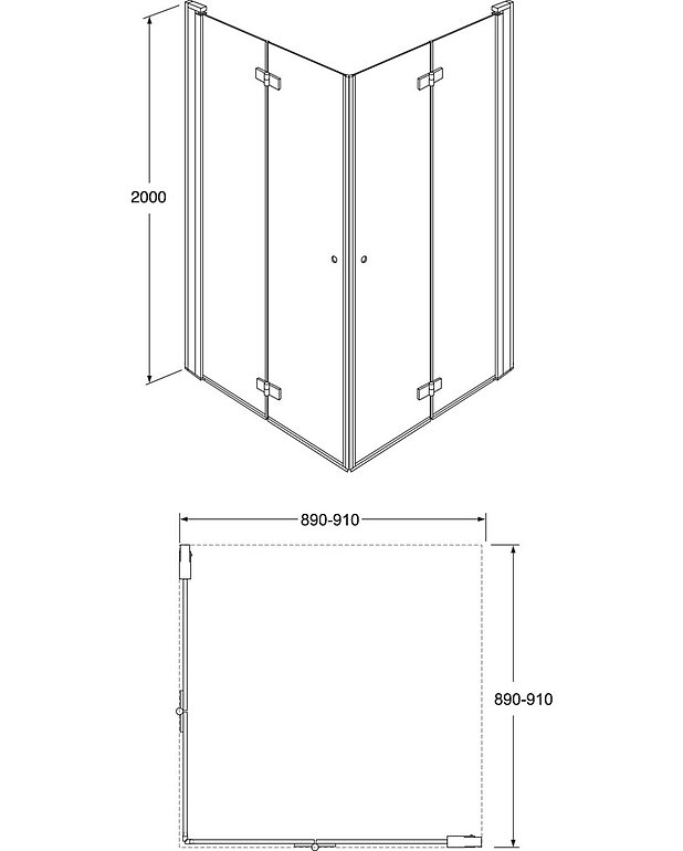Square taittuva suihkuovisetti kulmaan - Mittapiirros - Square_folding_door_90x90_web.jpg