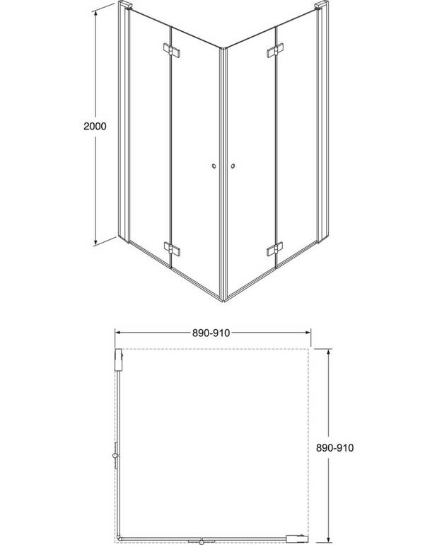 Square Foldable shower door corner set - Foldable door, takes up less space
Can be used even in tight spaces where the folding function solves the problem
Corner configuration specified as 