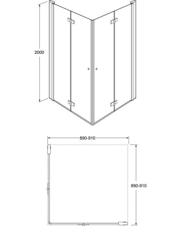 Square Vikbara Duschdörrar, par - Vikbar dörr som tar mindre plats
Kan med fördel användas även där det är trångt, då vikbarheten löser problemen
Hörnkonfiguration mått enligt 