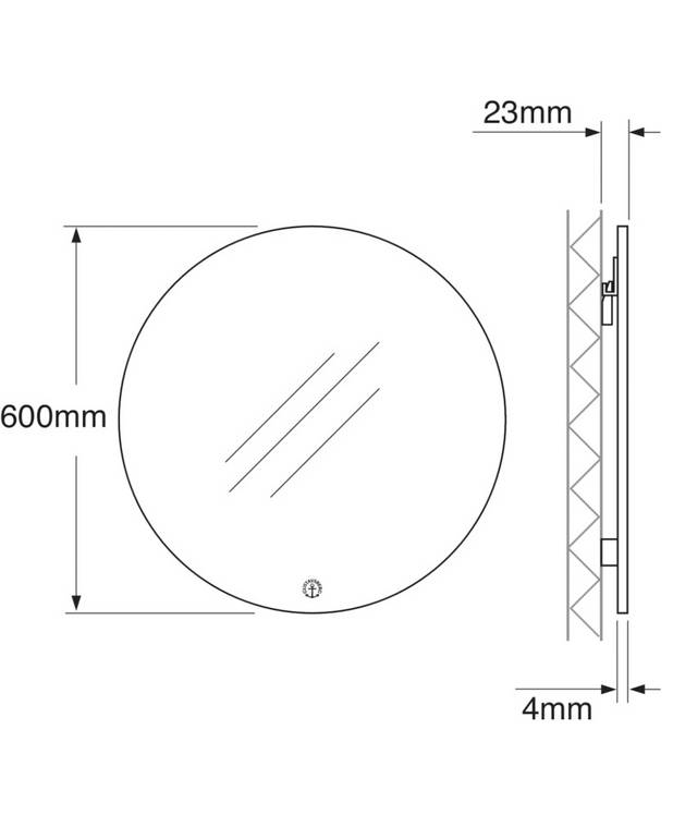 Badrumsspegel Rund - 60 cm - Avsedd för montage på vägg
Enkel montering med justeringsmöjligheter
Kan kombineras med Graphic belysning, se tillbehör