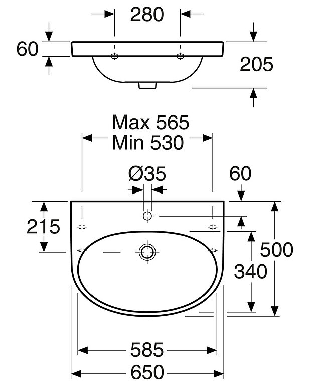Bathroom sink Nautic 5565 - for bolt/bracket mounting 65 cm - Easy-to-clean and minimalist design
Elliptical sink with generous counter spaces
Ceramicplus: fast & environmentally friendly cleaning